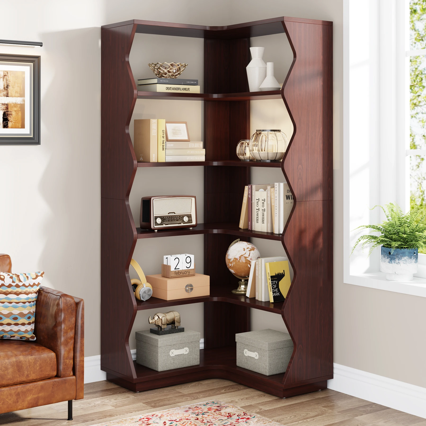 Living Room Modern Wooden Rustic Brown Storage Modular Open-back 5 Layers Corner Floor Shelving Display Unit