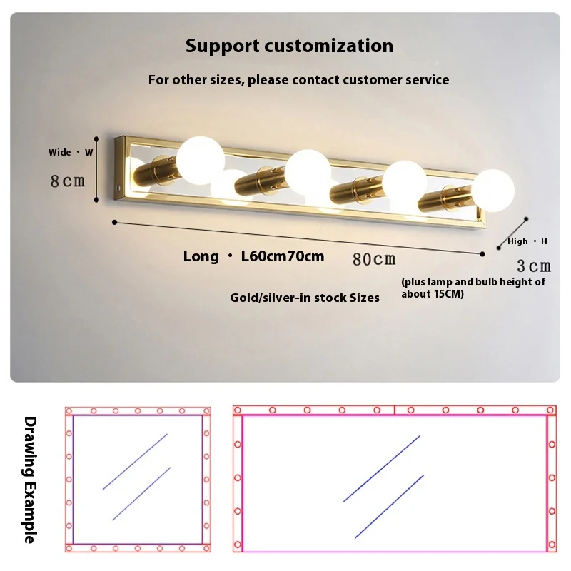 LED Bathroom Vanity Mirror Headlight Moisture-Proof Anti-Fog Lighting Living Room Custom Stainless Steel