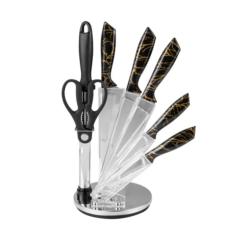 Stainless Steel Chef Knife Kitchen Knife Fruit Scissors Combination Spray Paint Rotating Seat 8-Piece Knife Set