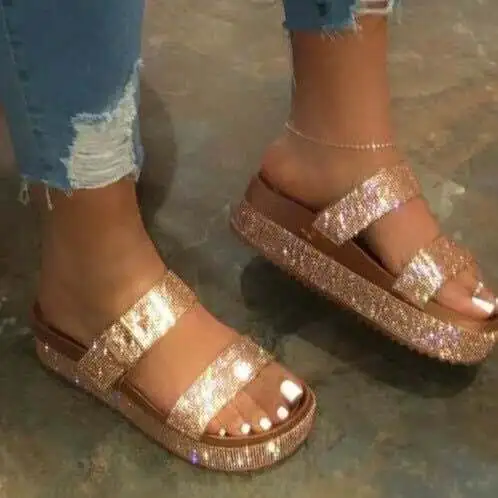 Sexy plus size women gorgeous fancy rhinestone glitter diamond flat slides ladies rubber sole flip-flops casual beach slippers