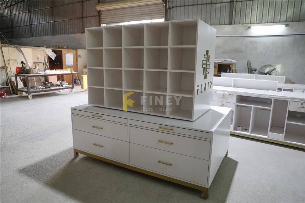 Customized Factory Price Shop Display Furniture Cabinet Shelves Rack White Shop Cash Counter Display Counter