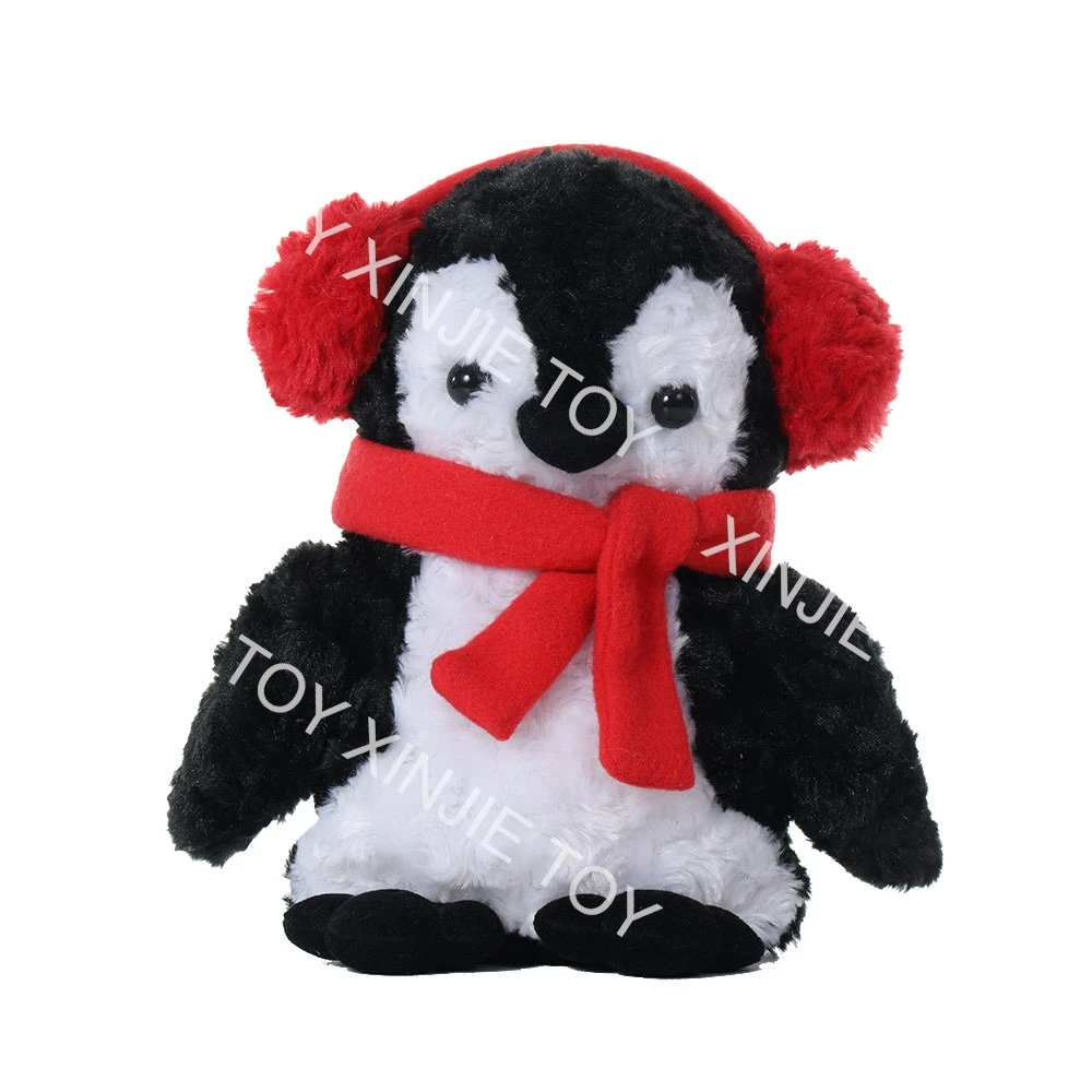 Soft 25 cm black penguin custom plush toy with red headset red scarf Penguin Wholesale Soft penguin custom plush toy