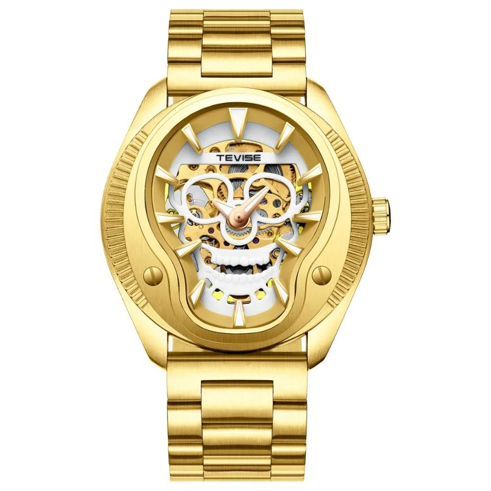 2019 fashion skeleton watch green skull luminous stainless steel leather band young men