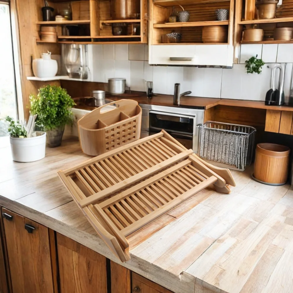 Double-Tiered Collapsible Bamboo Dish Drying Rack with Utensil Holder Durable Kitchen Storage for Sink OEM ODM Design