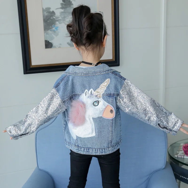 1003 new arrival fashion spring autumn sequined unicorn printed collar casual girl denim jacket coat