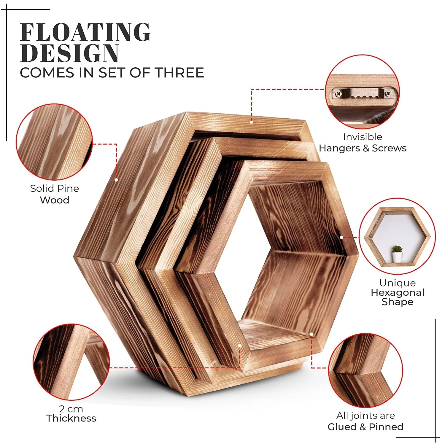 Hexagon Floating Shelves Set of 3 Boho Wall Decor Geometric Hexagon Shelves Wooden Honeycomb Succulent Plant Shelf