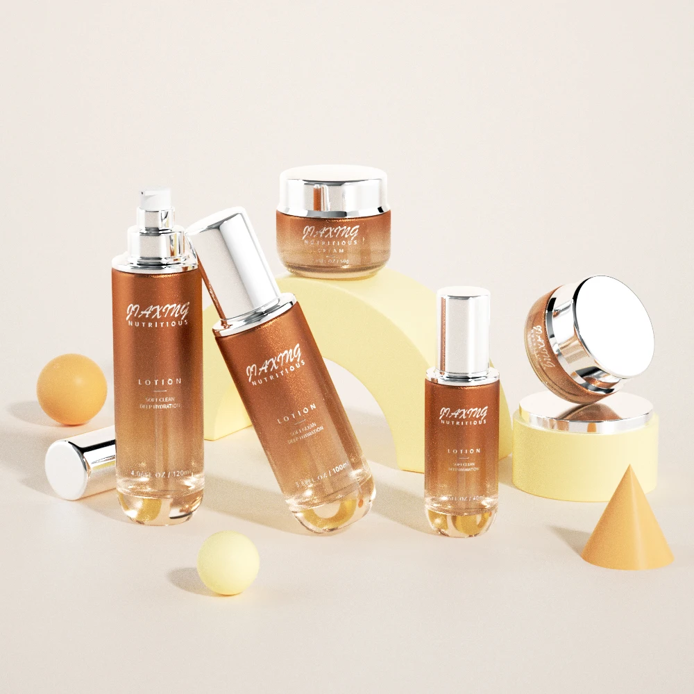 Luxury sky blue transparent 30g 50g 50ml 100ml 120ml glass cosmetic bottle and jar skincare packaging set with silver cap