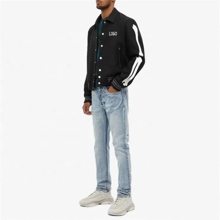 Custom 75% Wool embroidery bones logo leather pocket letterman varsity jacket for men