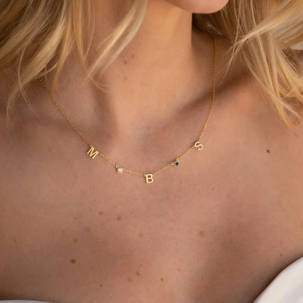 eManco Customized Necklace Diy Birthstone 26 Letter Side Pendant Steel Letter Pendant Birthstone Letter Name Necklace For Women