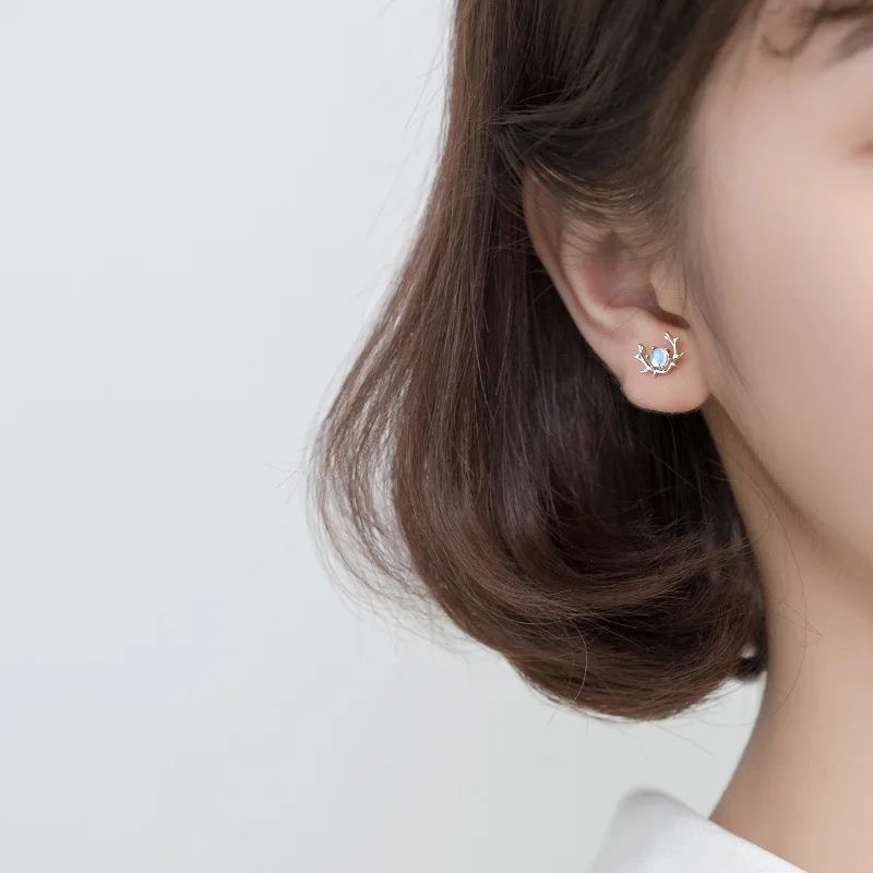 Fine Jewelry Christmas Elk Pattern Synthetic Moonstone Small Antlers 925 Silver Stud Earrings For Women