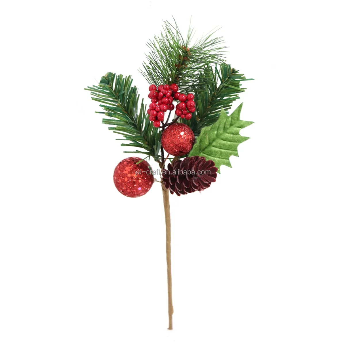 Hot Selling Red Berry Christmas Pick Greenery Pine Needle Pick With Leaves Xmas Floral Flowers Pick For Decor