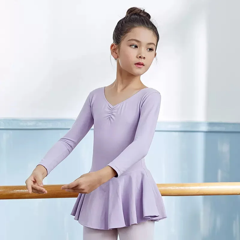 Custom One Piece Cotton Performance Dance Clothing Girls Ballet Tutu Skirt Dress Long Sleeve Children Training Dancewear