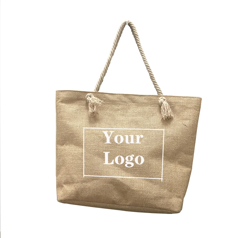 Portable Burlap Jute Shopping Bag Handbag Bamboo Loop Handles Tote Retro DIY Bag Handbag Women Big Size Beach Bag For Girls