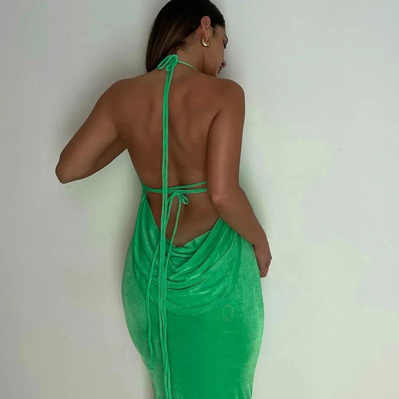 New Model Casual Dresses Summer Green Bodycon Low Backless Long Maxi Dress Fashion Ladies Dresses For Full Figured Women