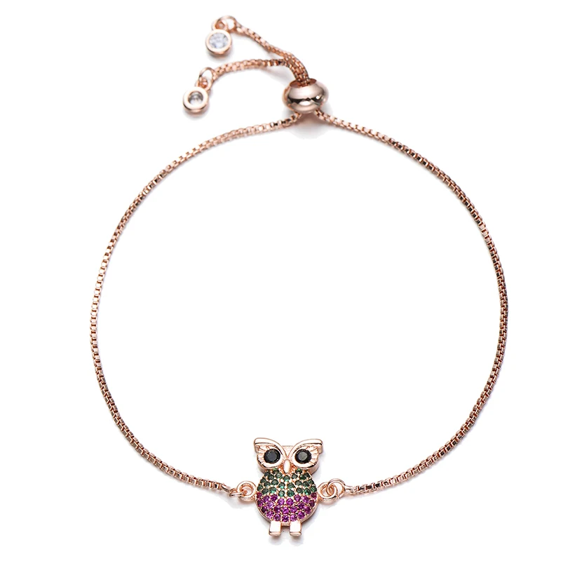 Jewelry Adjustable Chain Bracelet Luxury Copper Green and Fuchsia Cubic Zirconia Animal Charm Owl Bracelets for Women