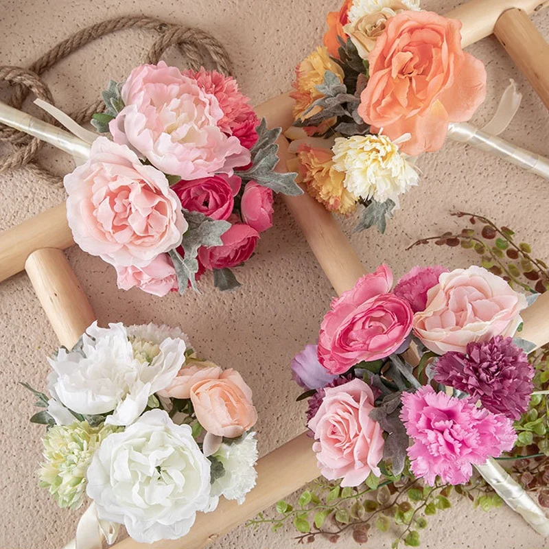 Artificial White Silk Bridal Peony Rose Flower Bouquet For Wedding, Red Flower Bunch for Home Party Decoration