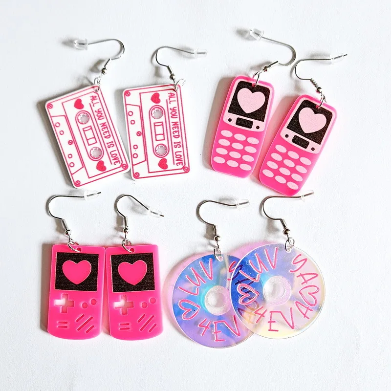 NUORO Creative Pink Acrylic Cassette Tape Dangle Earrings For Women Funny Heart Mobile Phone Party Earring