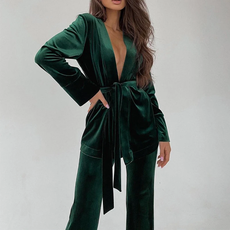 TWOTWINSTYLE Fashionable Solid Color Long Sleeve Belt Gather Waist 2 Piece Sets For Women