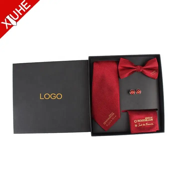 Custom Fashion Red Silk Mens Bow Tie Handkerchief Cufflink And Necktie Gift Box Tie Set With Logo