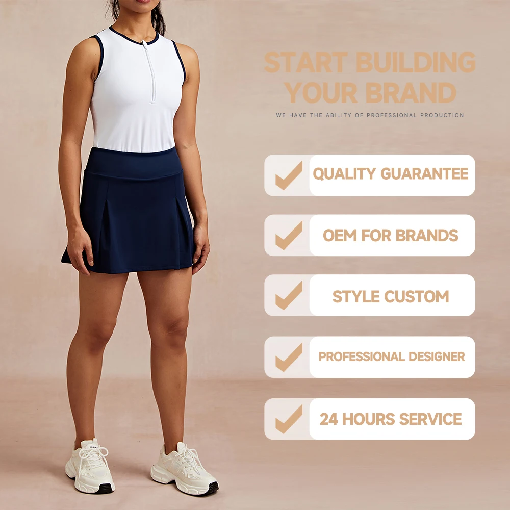 Luckpanther Sleeveless Back Hollow With Front Zipper Golf Polo Shirt And Solid Mini Tennis Skirt Tennis Set Tennis Wear