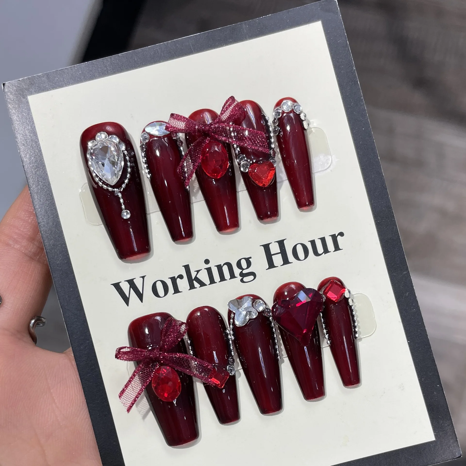 Design #1405 10pcs 3d Luxury Handmade Artificial Fingernails French Tip Nails Cherry Red Diamond Coffin Long Press On Nails