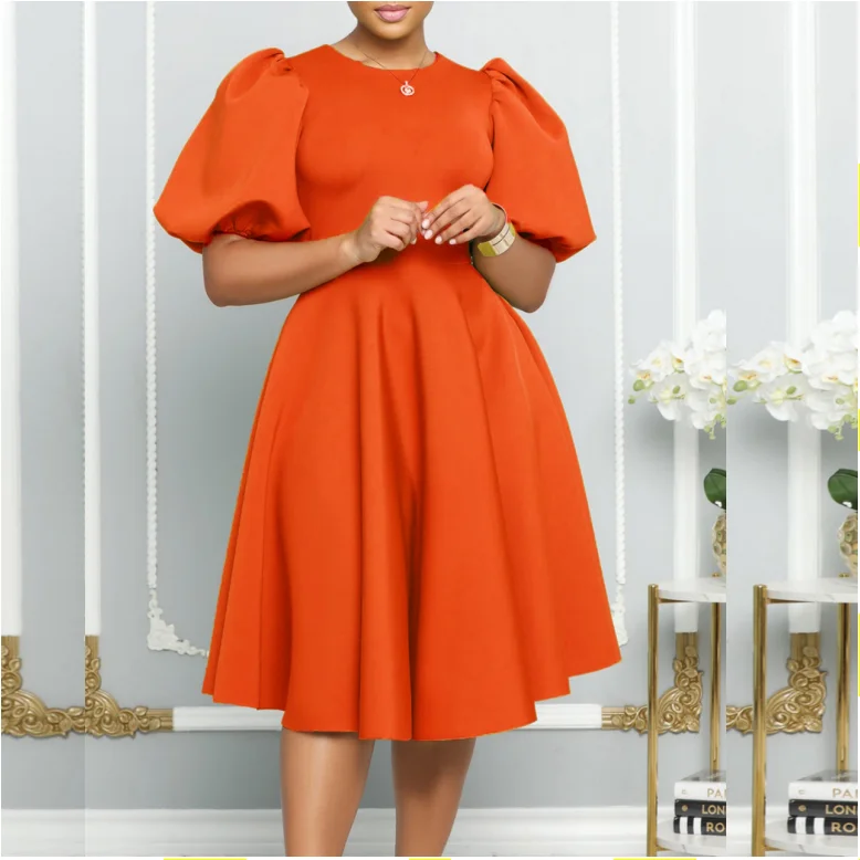 S-3XL round neck bubble sleeve dress Waist up grand dress Short sleeved knee length A-line dress