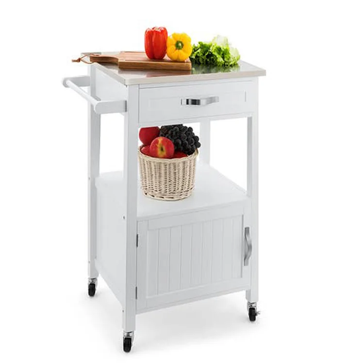 Home Kitchen Food Trolley with Storage Cabinet Wooden Dining Trolley for Home Kitchen Serving Trolley with Stainless Steel Top