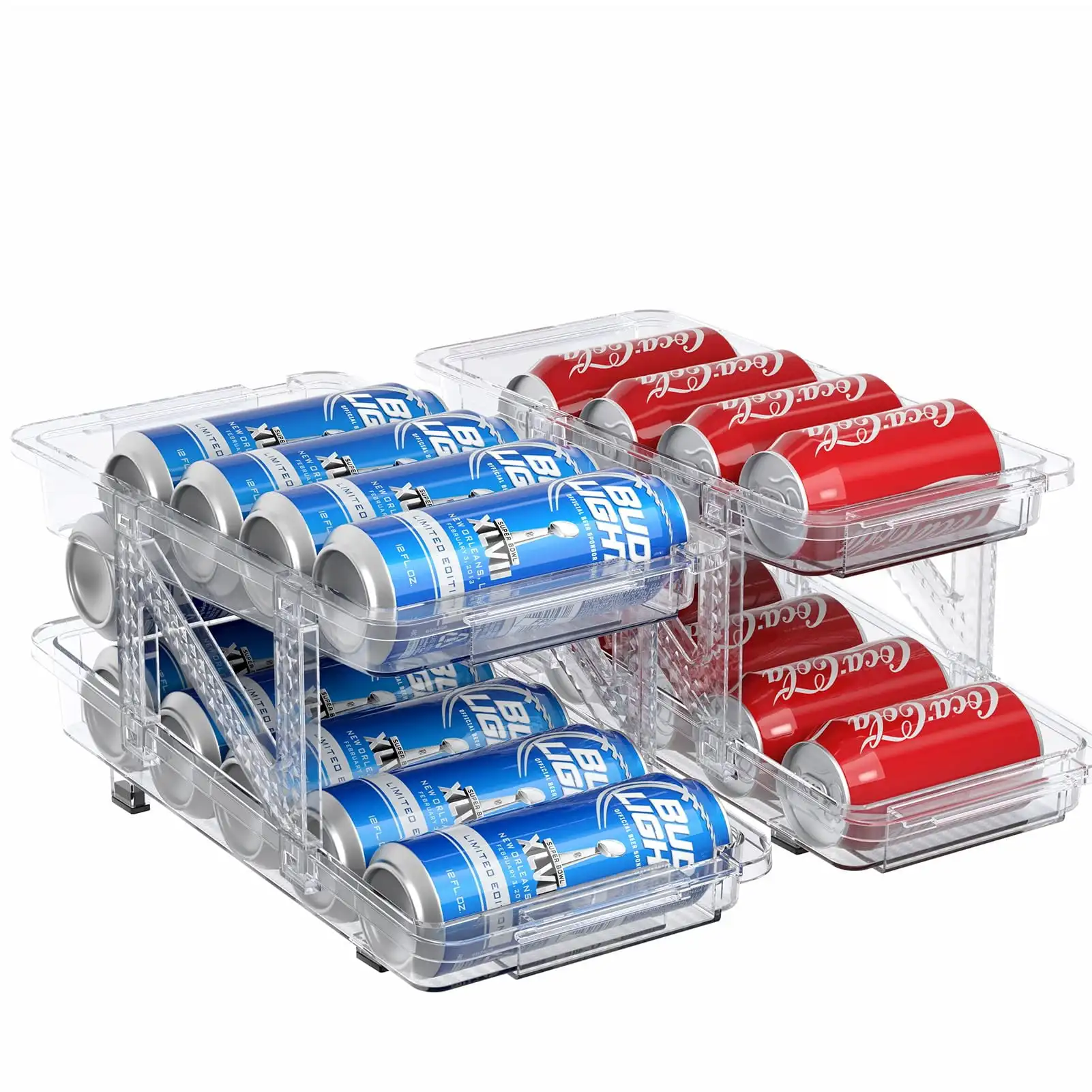 2-Tier Clear Expandable Adjustable Width Automatic Rolling Drink Soda Can Organizer Dispenser for Refrigerator