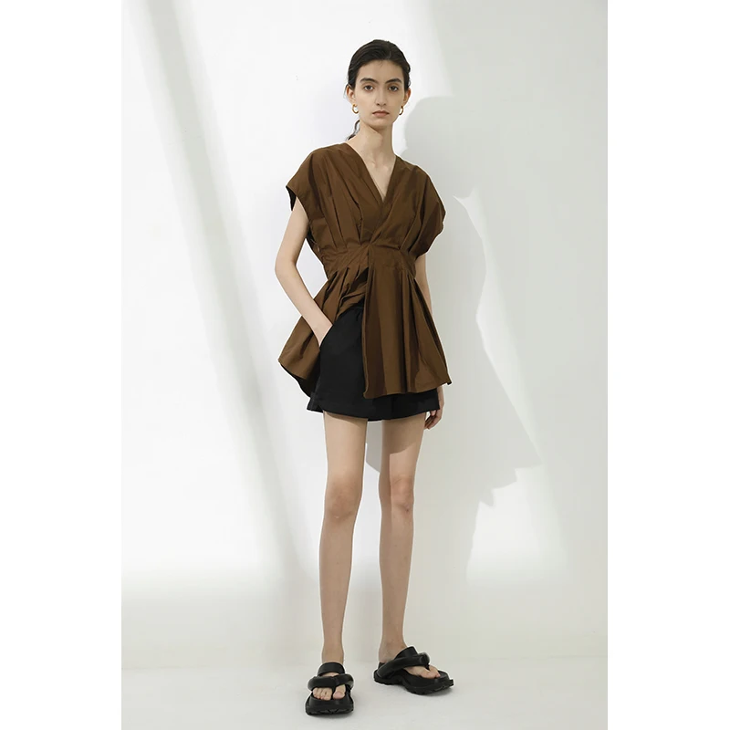 HISOKEY autumn 2021 Minimalist high sense V collar casual waist fold slimming vintage dress top dresses women