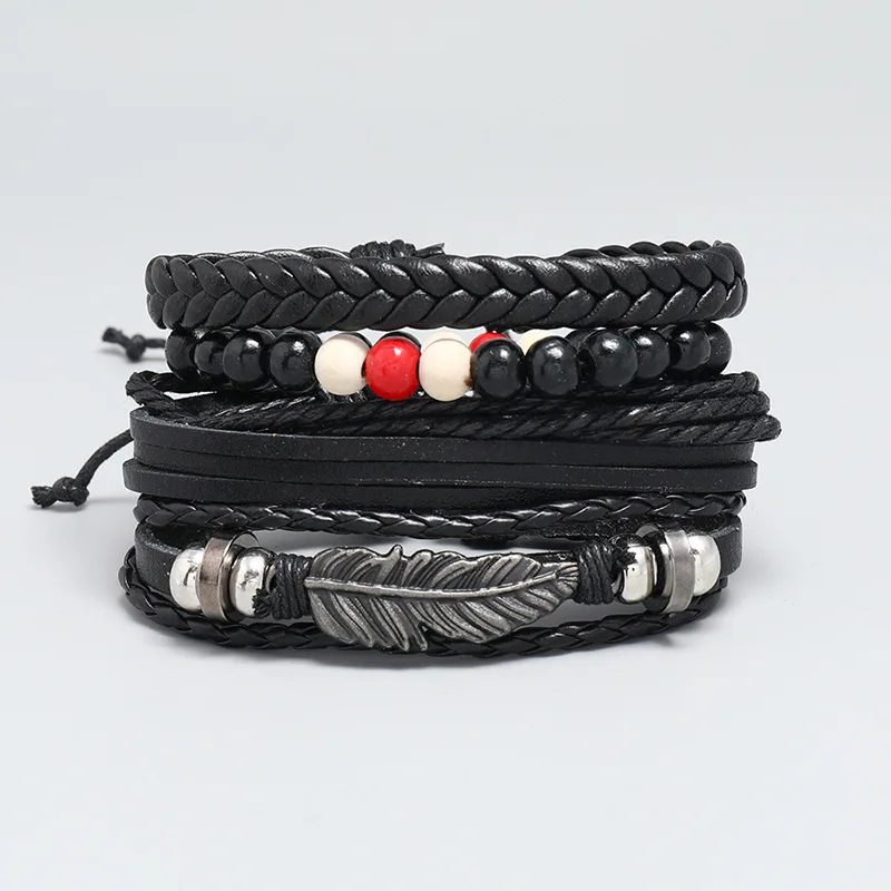 Fashion feather beaded Jewelry Handmade Woven Vintage multilayer Bracelet DIY 4 pieces set bracelets for men and women