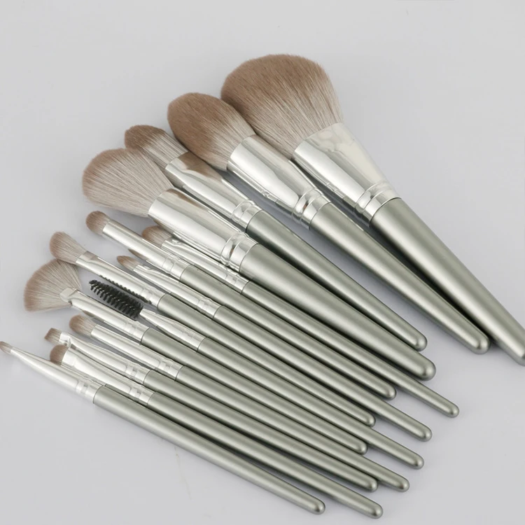 wholesale private logo silver premium synthetic fiber 14 makeup brush set