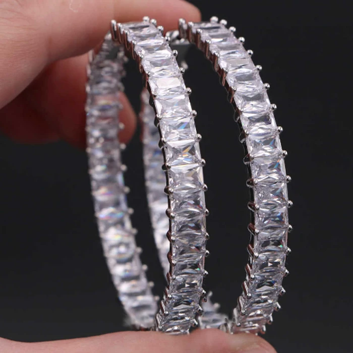 High Quality large 925 Sterling Silver AAA Cubic Zirconia Clear eternity Baguette Cut diamond CZ Hoop Earrings for men