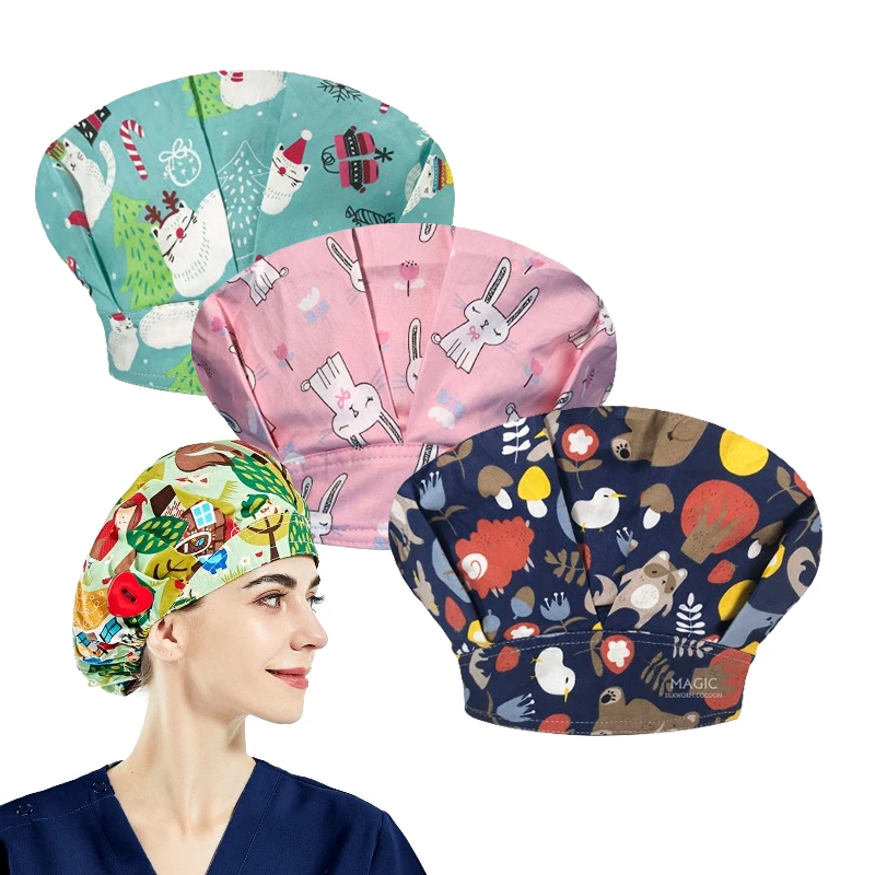 Custom Printed Bouffant Style Scrub Nursing Cap Bonnets Silk Line Nursing Scrub Caps Bonnets Long Hair Hats Add Buttons