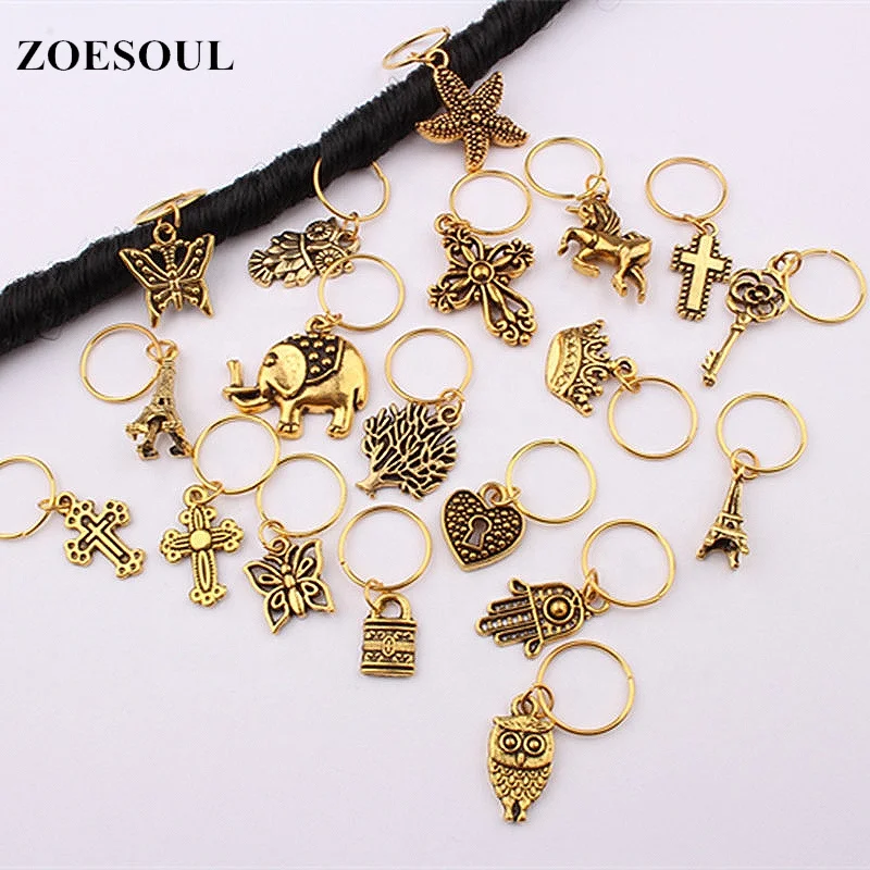 
Golden Butterfly Elephant Cross Leaves Charms Pendant Hair Ring bead For African Hair Accessory 