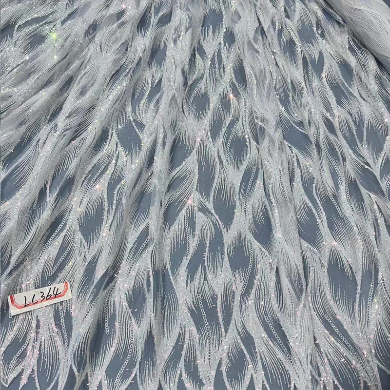 white iridescent glitter feather sequin mesh fabric for one piece evening dress