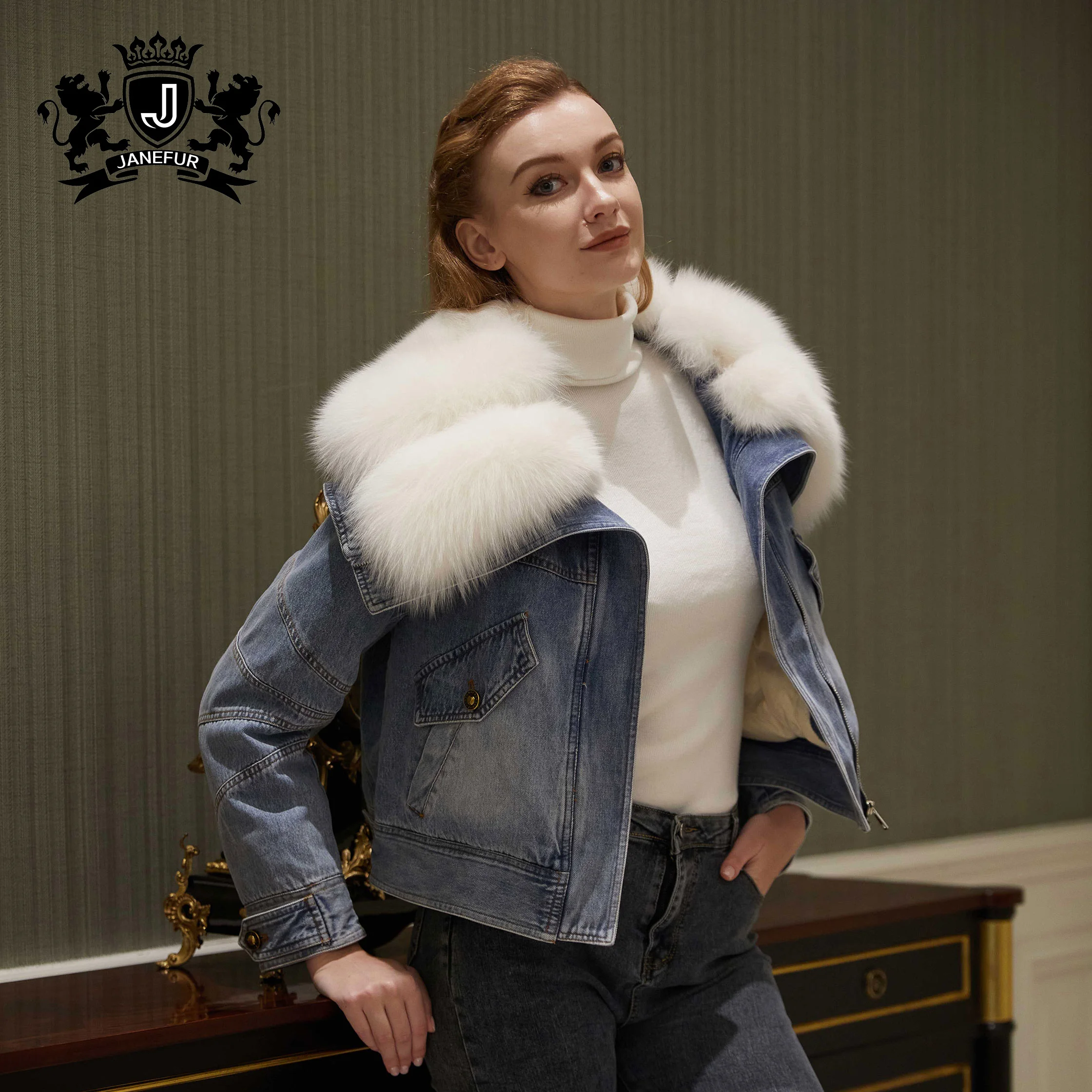 Janefur Winter Warm Loose Down Jacket Womens Large Fox Fur Collar Denim Down Jacket for Women