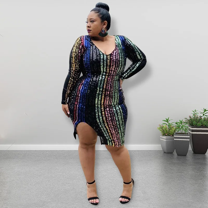  Женская одежда GX619A женское облегающее платье с длинным рукавом сексуальное Элегантное летнее платье-миди большого размера блестками для полных девушек