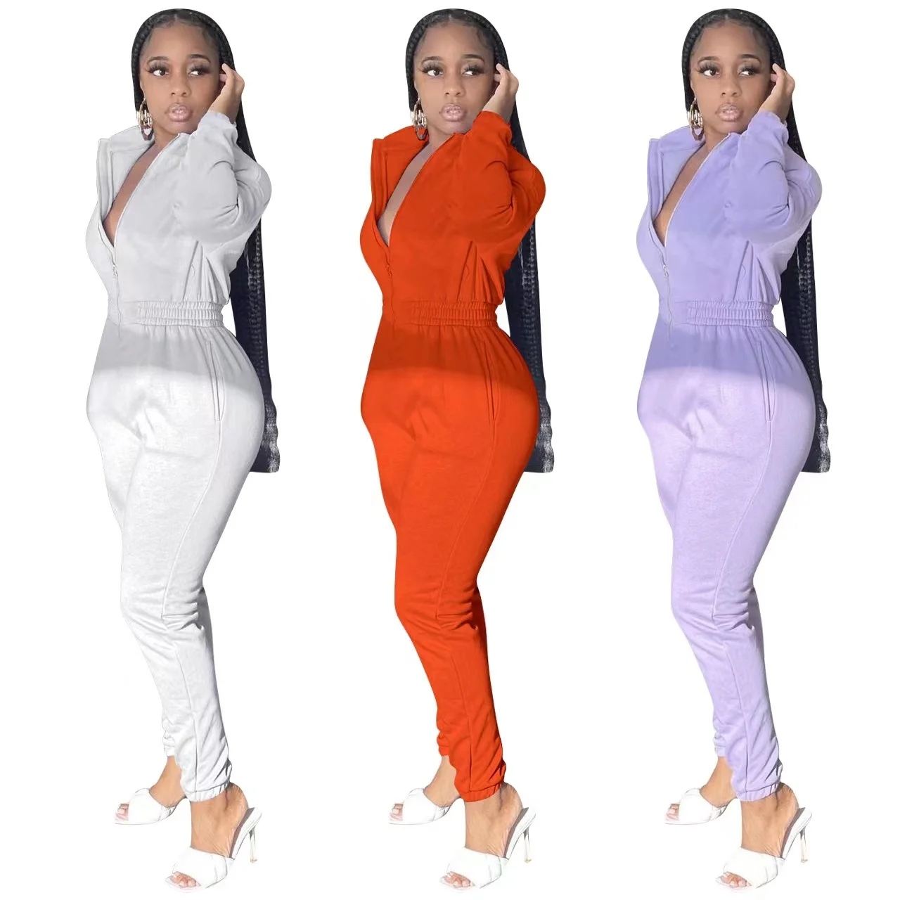 BOBOYU custom new casual elastic waist jumpsuit solid fleece thick long sleeve 1/2 zip up fitntss jumpsuit for women bodysuit