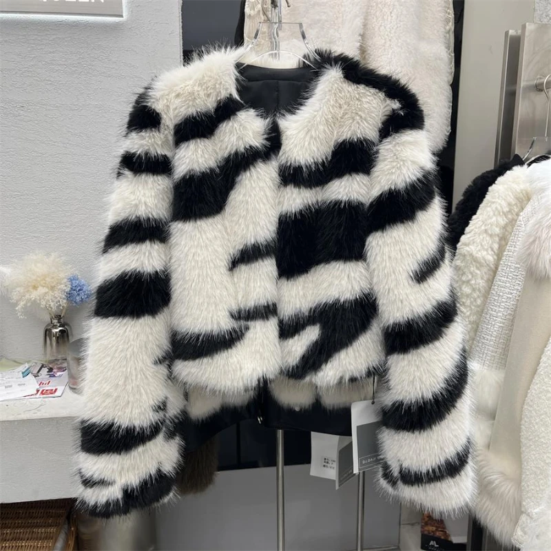 Winter New Zebra Pattern Ladies Fox Fur Jacket Fashion Casual Faux Fur Jacket Female Loose Thick Coat for Women