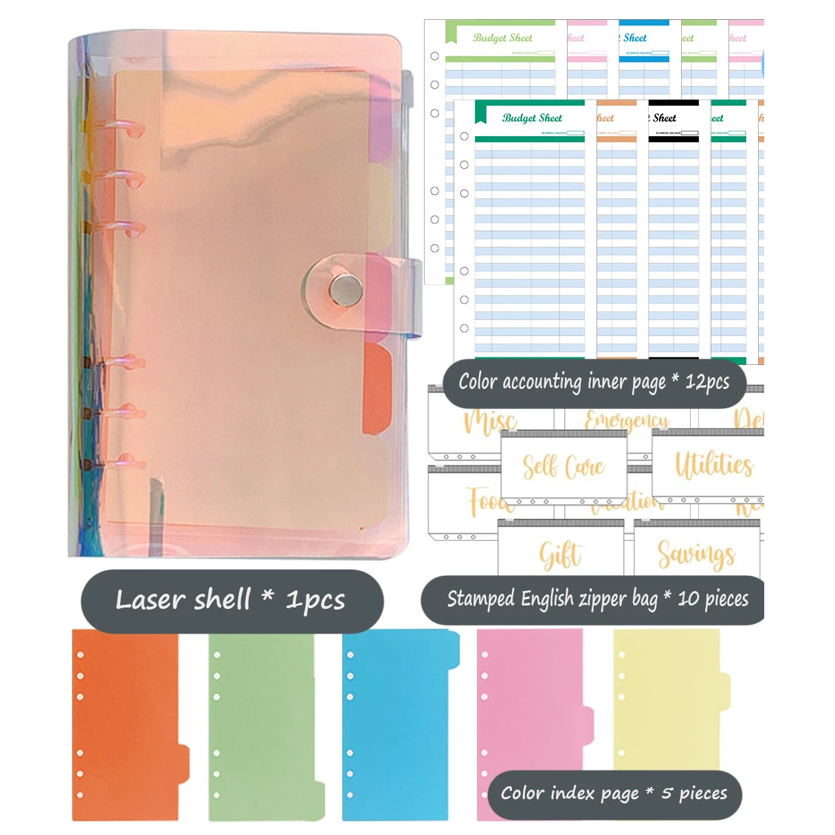 Stock Holographic PVC A6 Laser Notebook Binder Set 6 Holes Ring Budget Binder With Cash Envelopes Document Zipper Bag