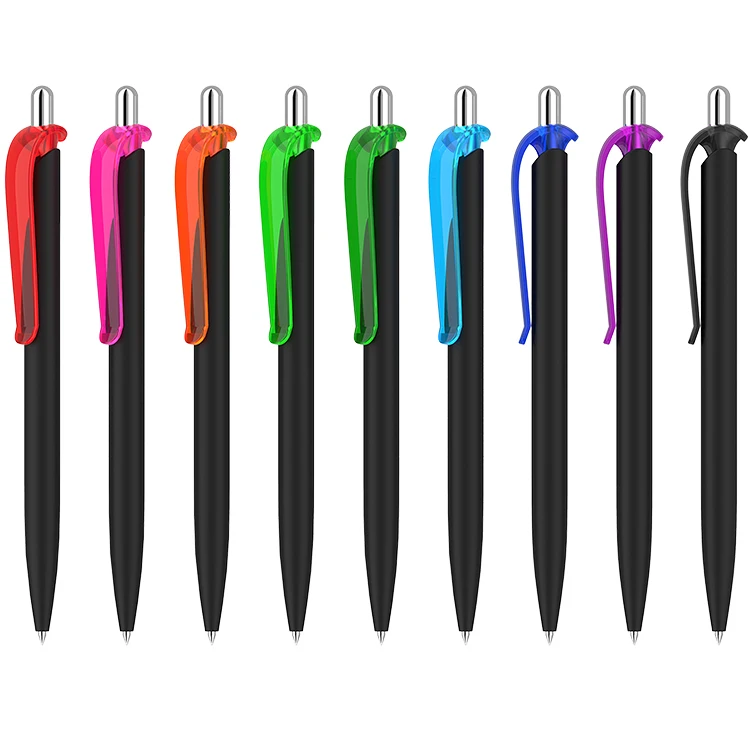 
Black rubber finish plastic ballpoint pen slim refill custom logo pad print cheap promotional pen 