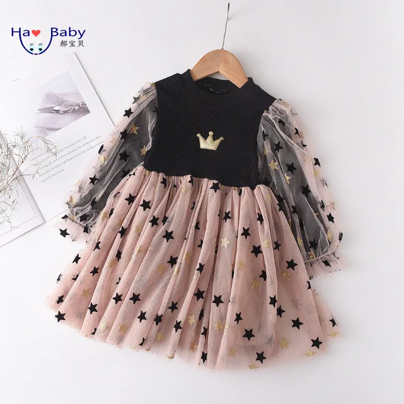 Hao Baby  Girls Autumn Knitted Children Skirt Girls Long Sleeve Mesh Dress 2022 New Western Style Crown Princess Dress