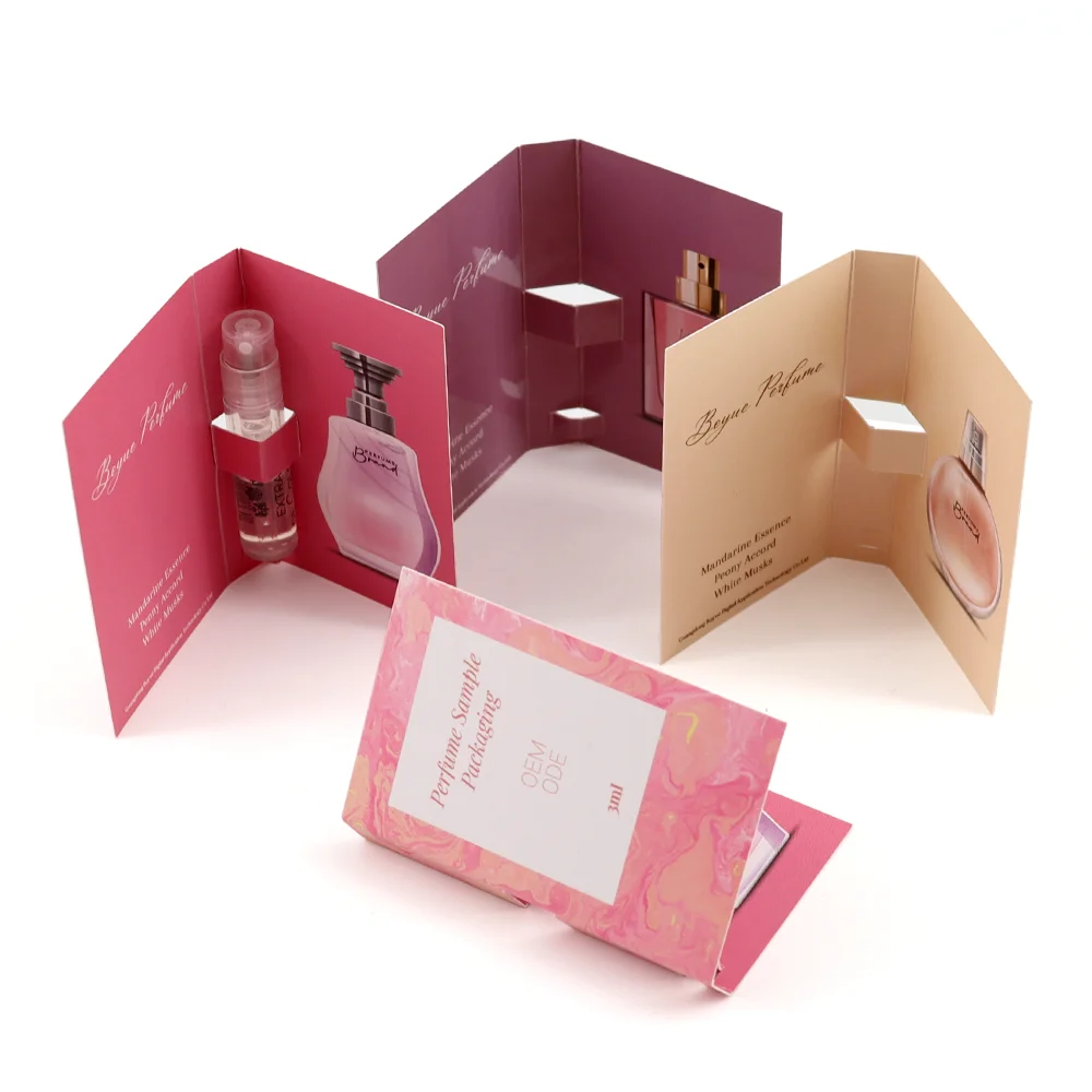 Custom personalised logo printing perfume sample paper card 1ml 2 ml cosmetic spray bottle perfume sample card