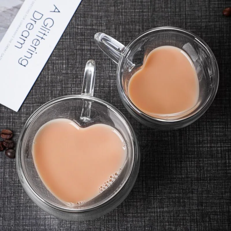 New Arrival Unique Heart Glass Cup 160ml/240ml Love Cup Heart Shaped Double Wall Glass Mugs