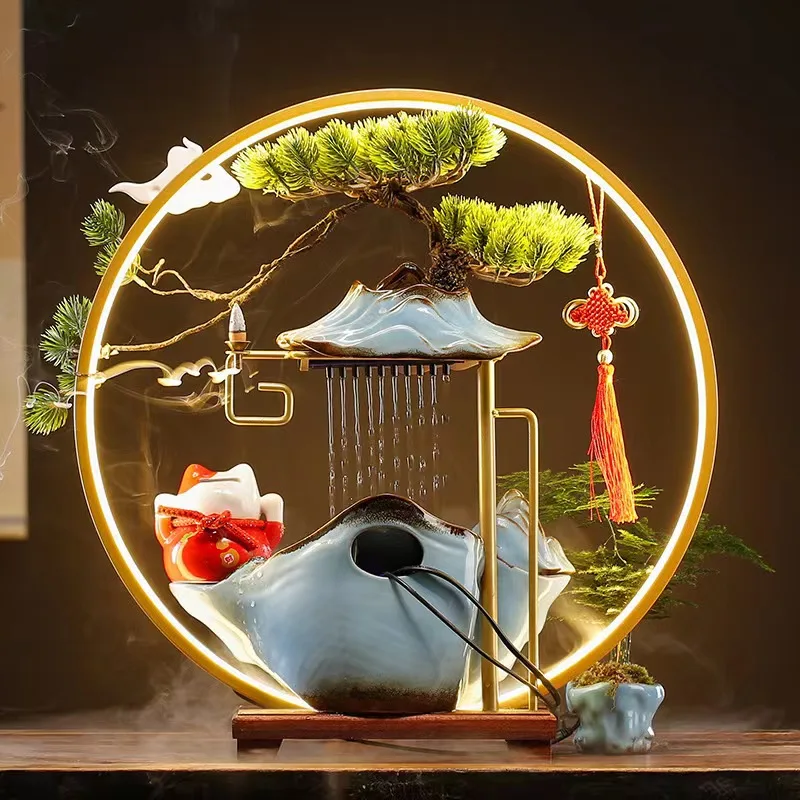 Tabletop Water Fountain, Indoor Waterfall with Round LED Light Ceramic Crane Mist Maker and Incense Holder for Home Office Decor