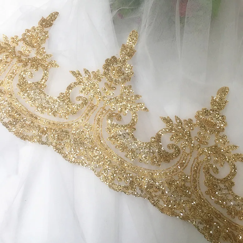 fashion wedding dress white lace fabric beaded sequins trimming embroidery for bridal