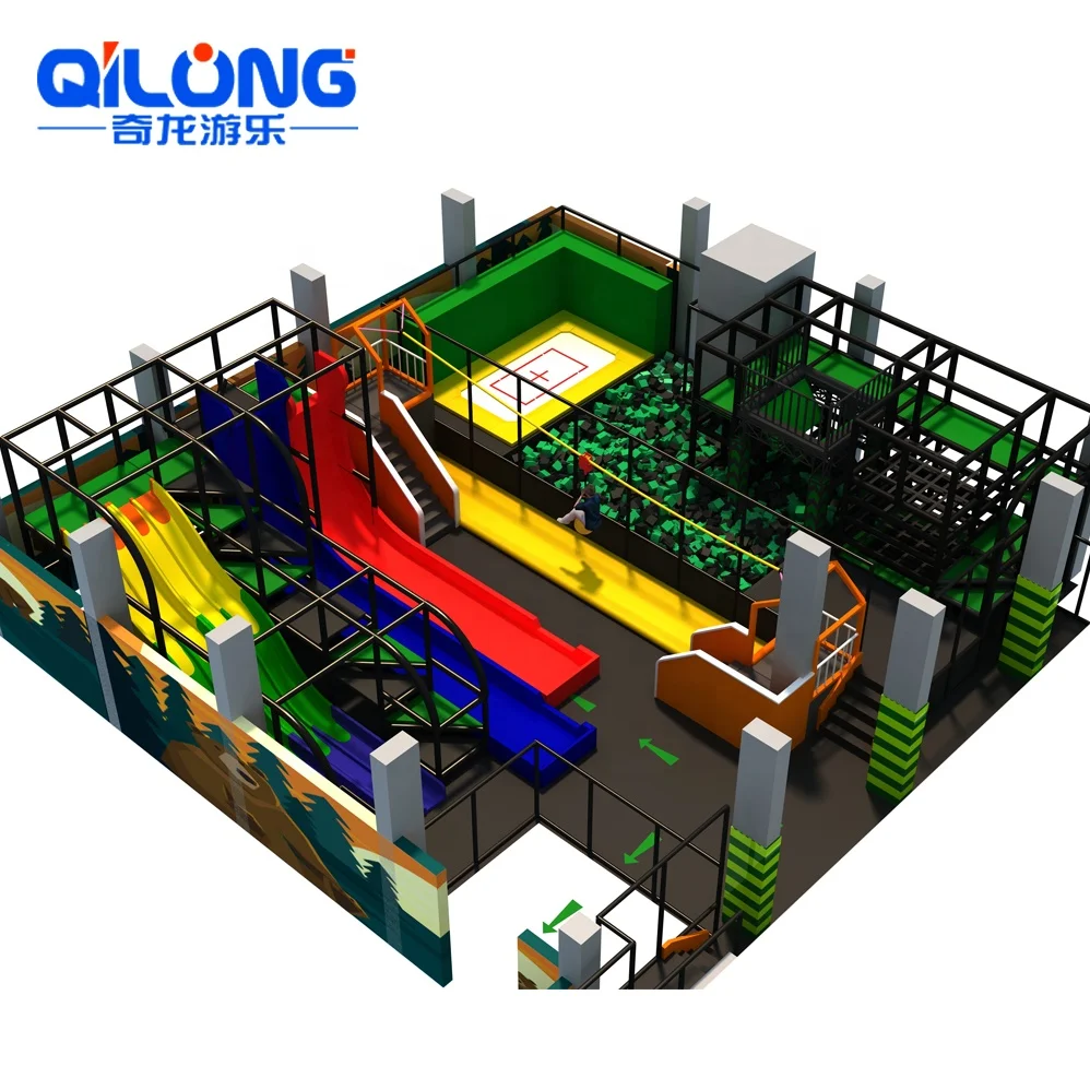 Indoor Playground Equipment With Big Slides Straight Slide And Zip Line