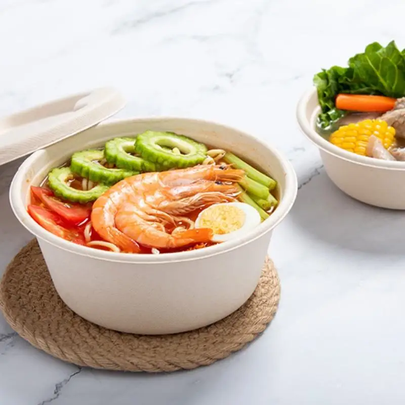 Wholesale Biodegradable Disposable Sugar Cane Paper Fiber Pulp Mould Soup Salad Bowl with Lid Sugarcane Bagasse Bowl