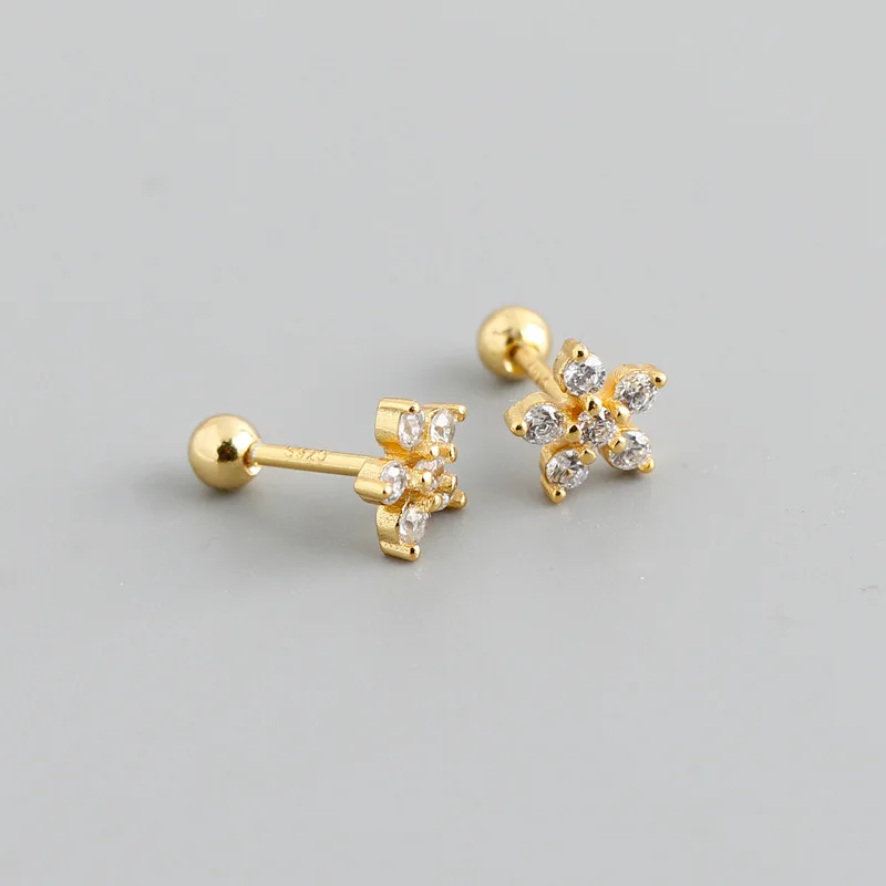 Fashion 925 Sterling Silver Jewelry Gold Plated Piercing Studs Earrings Mini Diamond Flower Studs Screw Back Stud Earrings