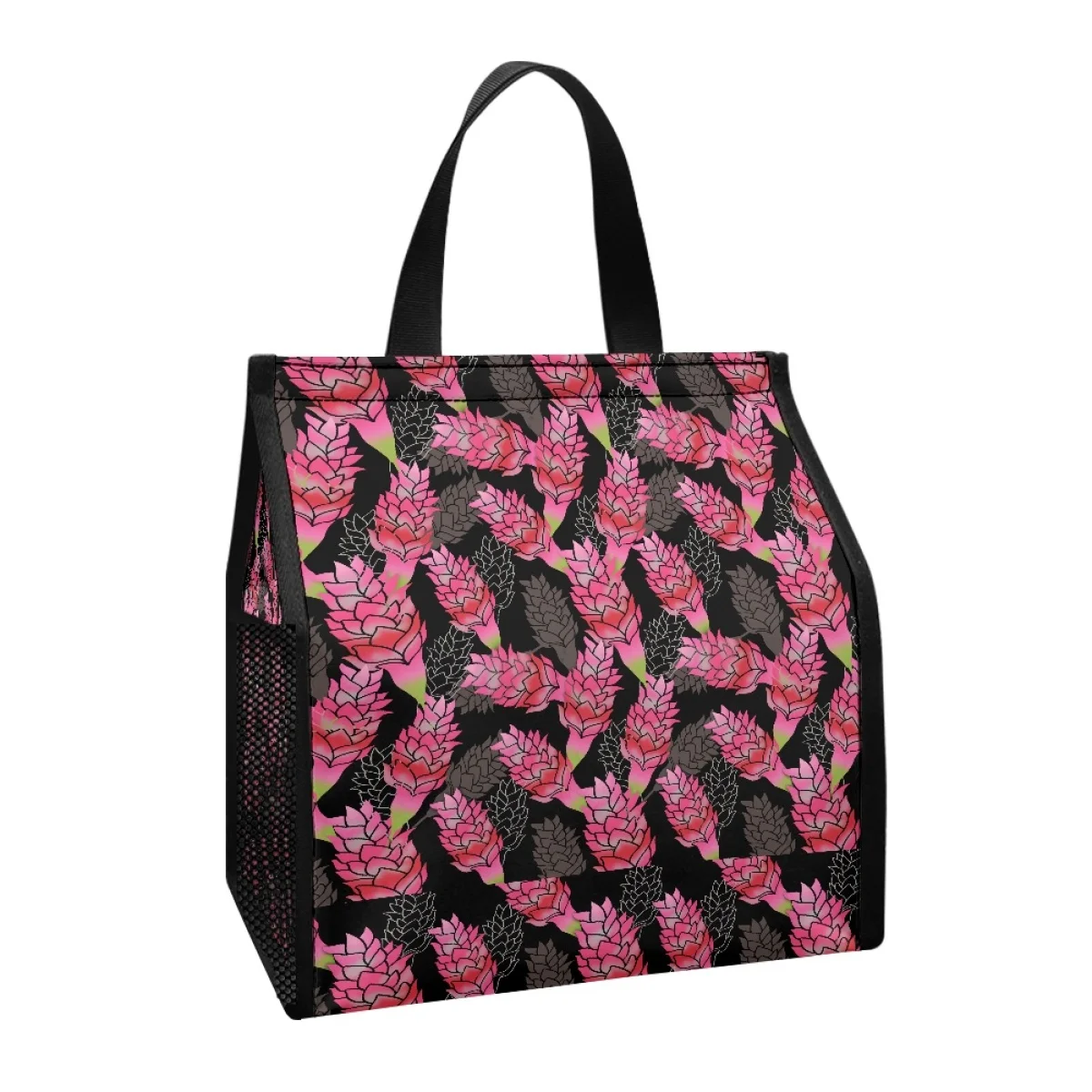 Hawaiian Fashion Plant Gin Gers Print Large Capacity Portable Thermal Picnic Cooler Mesh Pocket Lunch Bag Custom Print On Demand